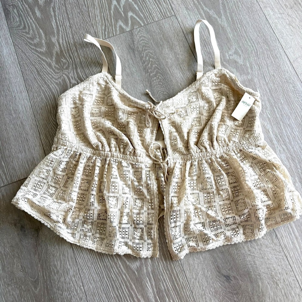 NWT Aerie Womens Beige Aerie Show Off High Tide Lace Tie Front Tank Top Size 2XL